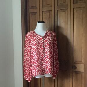 Trina Turk Red & Cream Sheer Silk Buttondown Blouse, Size L